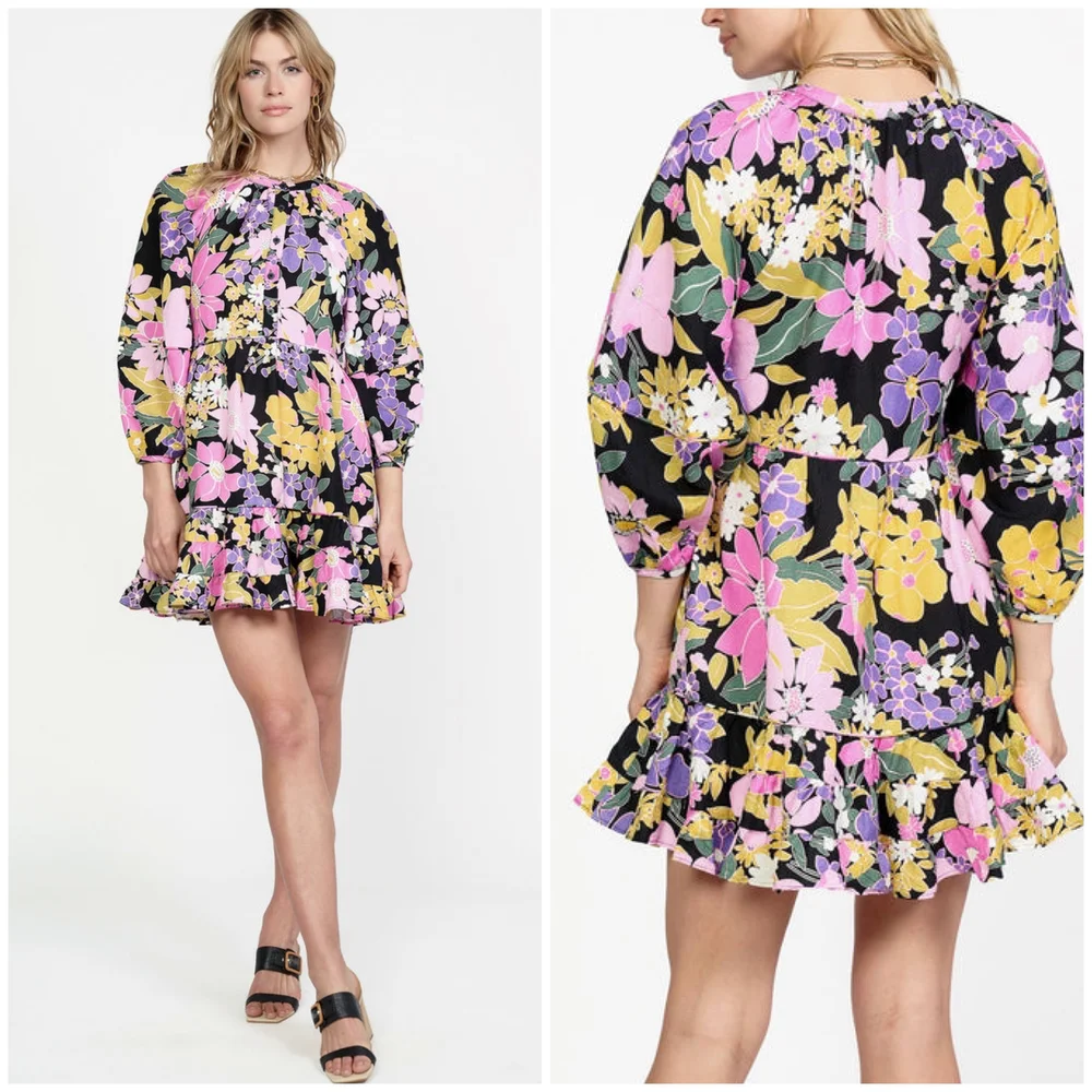 CURRENT AIR Pink and Purple Mini Dress with Bishop Sleeves - Picture 4 of 4